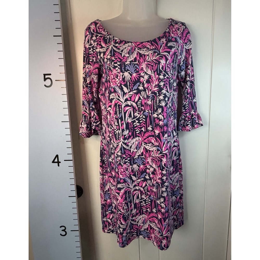 Lilly Pulitzer Shift Dress Pink Navy Tropical‎ Palm Ruffle Sleeve Jersey Small